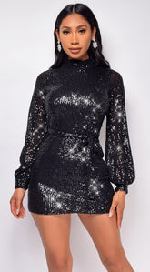 Heavenly Black Sequin Long Sleeve Mock Neck Belted Mini Dress